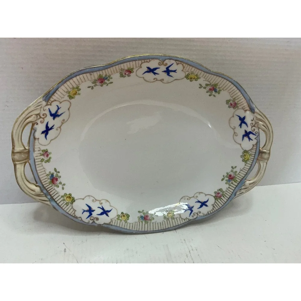 Nippon Vintage Hand Painted Porcelain Dish Blue Bird Floral Gold Trim 10.5in